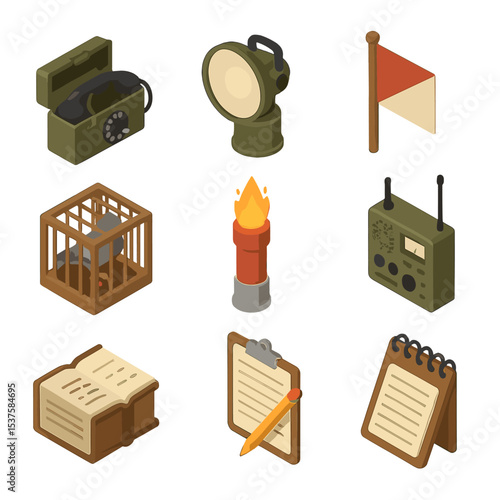 Trench Communication Icons. Isometric Flat icon set of Trench communication devices: field telephone, signal lamp, semaphore flag,