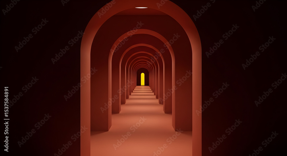 Fototapeta premium Abstract Red Archway Corridor Leading to Yellow Light, Minimalist 3D Render Background