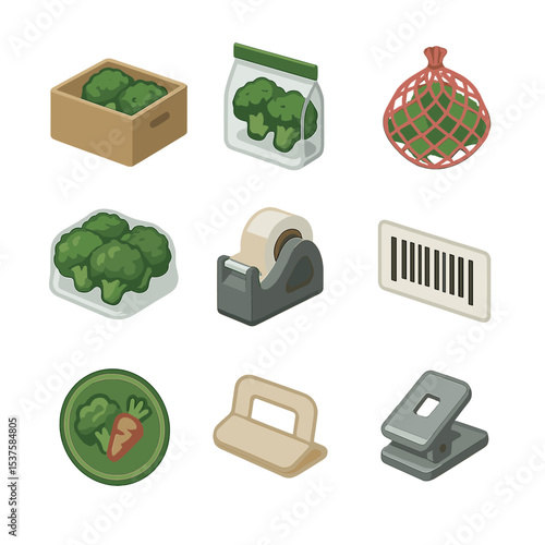Vegetable Packaging Icons. Isometric Flat icon set of vegetable packaging: cardboard box, plastic bag, mesh net, shrink wrap, tape