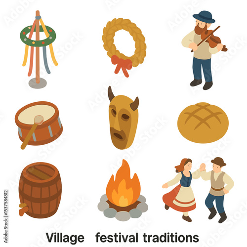 Village Festival Icons. Isometric Flat icon set of village festival traditions: Maypole dance pole, harvest wreath, fiddler with