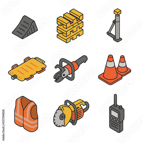 Vehicle Rescue Tools. Isometric Flat icon set of Vehicle extrication with stabilization gear: wheel chock, cribbing blocks,