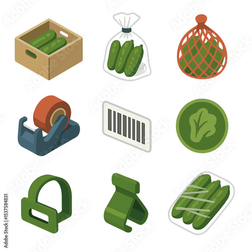 Vegetable Packaging Icons. Isometric Flat icon set of vegetable packaging: cardboard box, plastic bag, mesh net, shrink wrap, tape