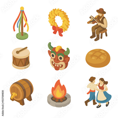 Village Festival Icons. Isometric Flat icon set of village festival traditions: Maypole dance pole, harvest wreath, fiddler with