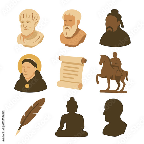 Virtue Ethic Icons. Isometric Flat icon set of Virtue ethics historical thinkers: Aristotle bust, Plato bust, Socrates bust,