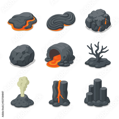 Volcanic Lava Icon Set. Isometric Flat icon set of volcanic lava fields: cooled lava flow, pahoehoe rope, ʻaʻa block, volcanic