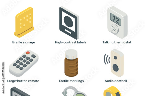 Visual Impairment Aids Icons. Isometric Flat icon set of visual impairment aids: Braille signage, high-contrast labels, talking