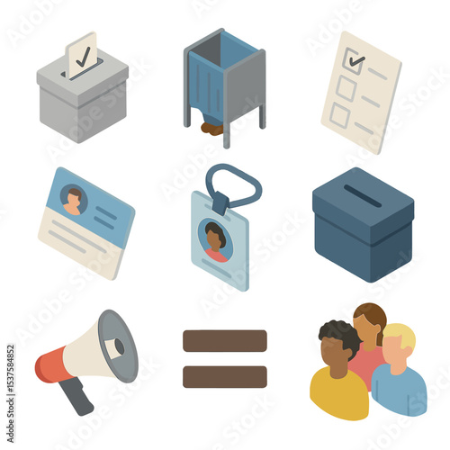 Voting Rights Icons. Isometric Flat icon set of Voting rights equality: ballot box, voting booth, marked ballot, registration card