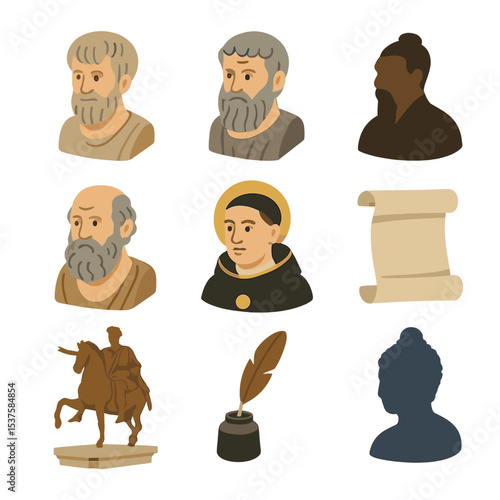 Virtue Ethic Icons. Isometric Flat icon set of Virtue ethics historical thinkers: Aristotle bust, Plato bust, Socrates bust,