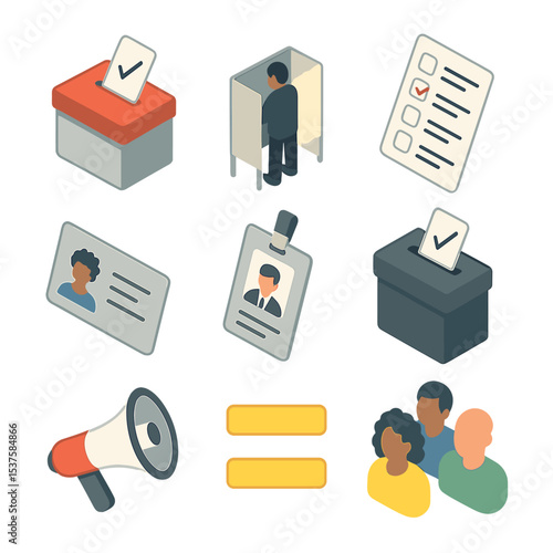 Voting Rights Icons. Isometric Flat icon set of Voting rights equality: ballot box, voting booth, marked ballot, registration card