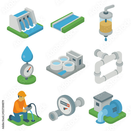 Water Management Icons. Isometric Flat icon set of Water resource management: reservoir dam, irrigation canal, purification filter