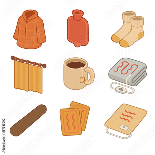 Winter Comfort Collection. Isometric Flat icon set of winter comfort items: wearable heated blanket, hot water bottle, thermal