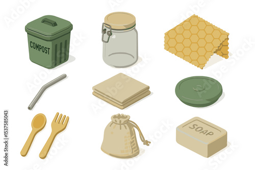 Zero Waste Kitchen Icons. Isometric Flat icon set of zero waste kitchen tools: compost bin, glass storage jar, beeswax wrap,