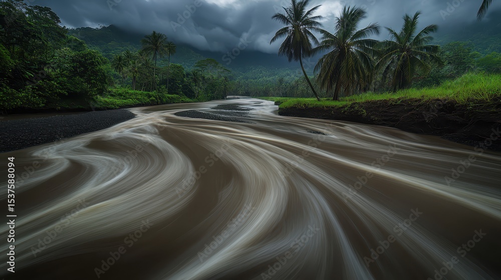 Fototapeta premium Serene River Flow Through Lush Green Jungle with Stormy Sky