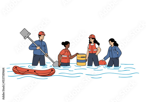 A diverse team rescues people from floodwaters using a boat and paddles. Illustrative style, vibrant colors, teamwork and rescue theme.