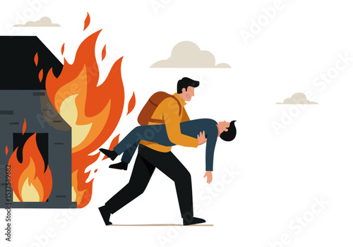 A heroic man rescues a person from a burning building. Dramatic action, intense flames, conveying urgency and rescue. Strong visual impact.
