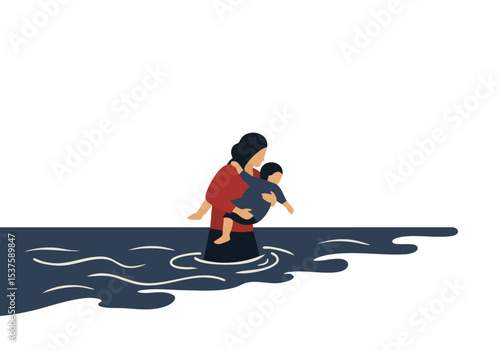 A mother carries her child through waves, symbolizing aid and hope. Simple, graphic design with a strong visual impact. Suitable for charity campaigns and humanitarian themes.