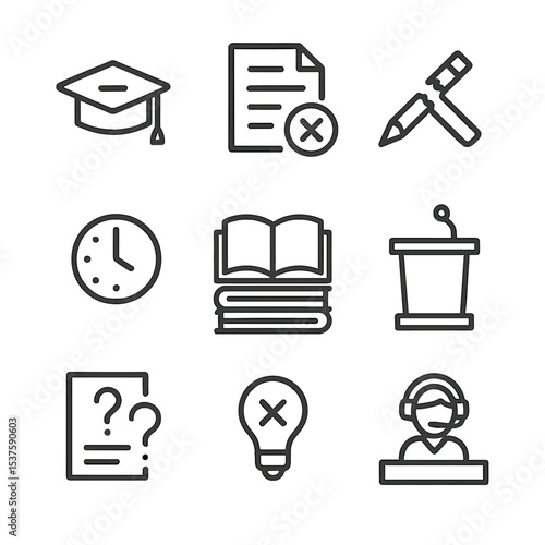 Academic Hurdles Icons. Outline icon set of academic hurdles: graduation cap flipped, exam paper, pencil broken, open book stack,