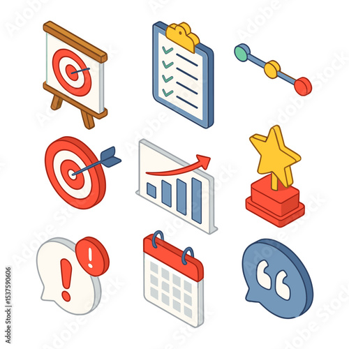 Финансовые Цели Иконки. Isometric Flat icon set of отслеживания финансовых целей: доска целей, чек-лист задач, таймлайн, значок «ц