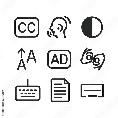 Accessibility Icon Set. Outline icon set of accessibility features: closed captions, screen reader, high contrast, text size