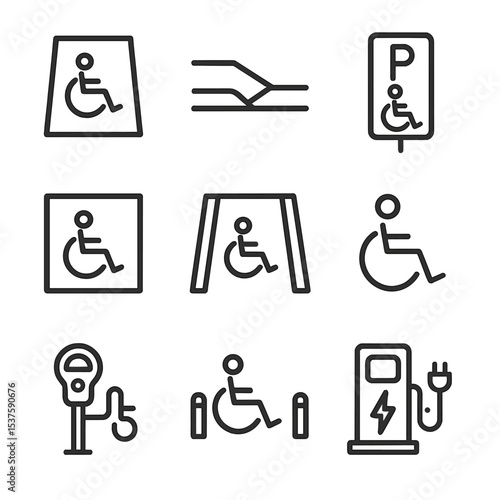 Accessible Parking Icons. Outline icon set of accessible parking facilities: accessible parking space, curb cut, parking sign,