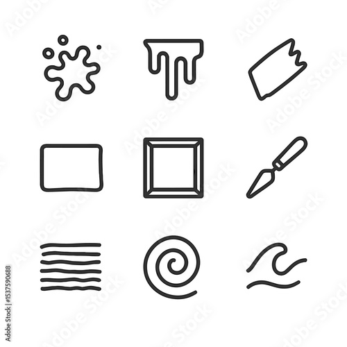 Abstract Expressionism Icons. Outline icon set of Abstract Expressionism motifs: paint splatter, drip line, gestural stroke, color