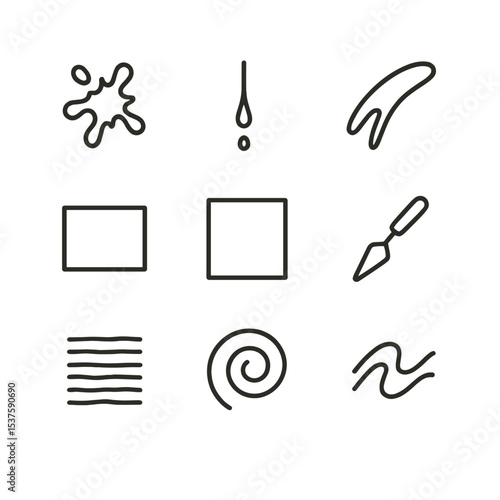 Abstract Expressionism Icons. Outline icon set of Abstract Expressionism motifs: paint splatter, drip line, gestural stroke, color