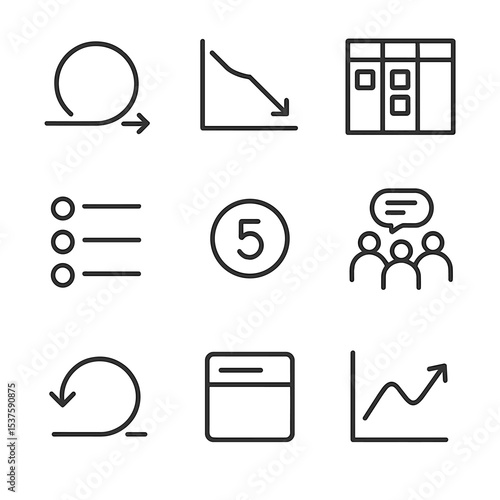 Agile Workflow Icons. Outline icon set of agile workflow: sprint loop, burndown chart, scrum board, stand-up icon, backlog list,