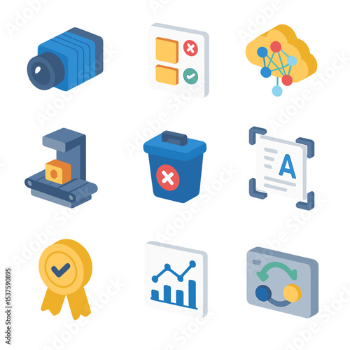 AI Quality Control Icons. Isometric Flat icon set of AI-driven quality control: machine vision camera, defect classifier, neural