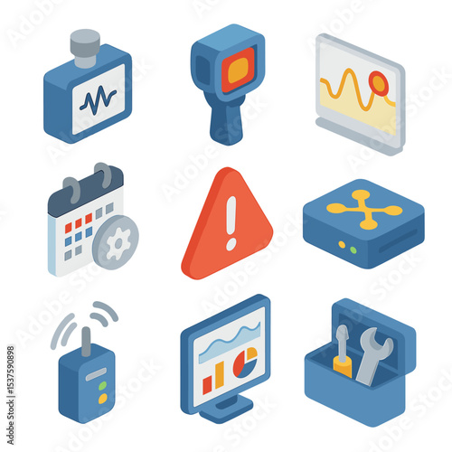 AI Maintenance Icon Set. Isometric Flat icon set of AI-powered predictive maintenance: vibration sensor, thermal camera, anomaly