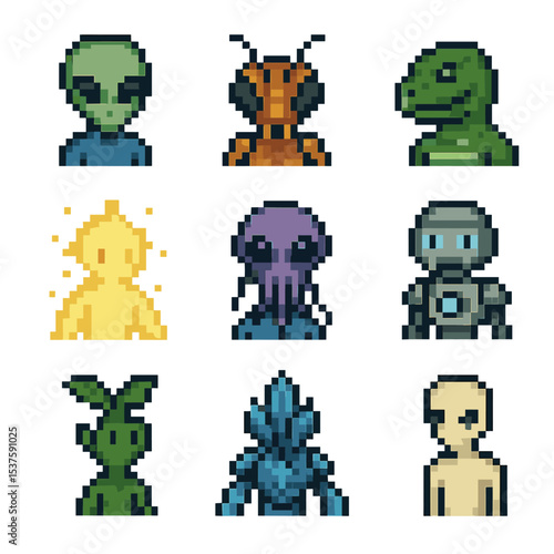 Alien Species Icons. Pixel art icon set of alien species classification: humanoid alien, insectoid alien, reptilian alien, energy