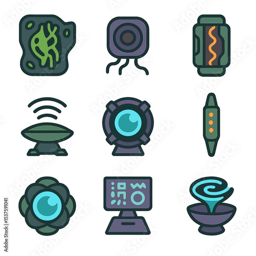 Alien Tech Interface Icons. Flat icon set of alien technology interfaces: bio-organic panel, neural link socket, energy conduit,