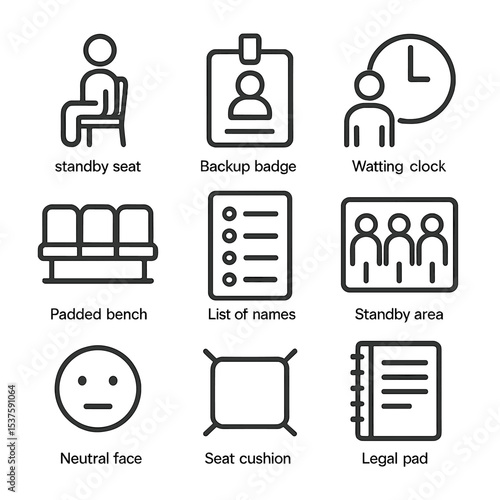 Alternate Jurors Icon Set. Outline icon set of alternate jurors: standby seat, backup badge, waiting clock, padded bench, list of