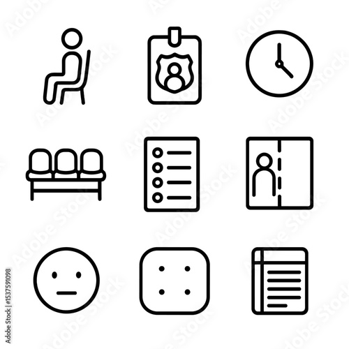 Alternate Jurors Icon Set. Outline icon set of alternate jurors: standby seat, backup badge, waiting clock, padded bench, list of