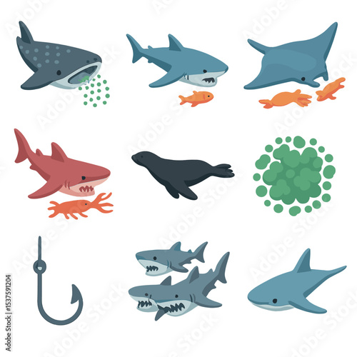 Aquatic Feeding Icons. Isometric Flat icon set of shark and ray feeding: plankton filter, fish prey, squid, crustacean, seal
