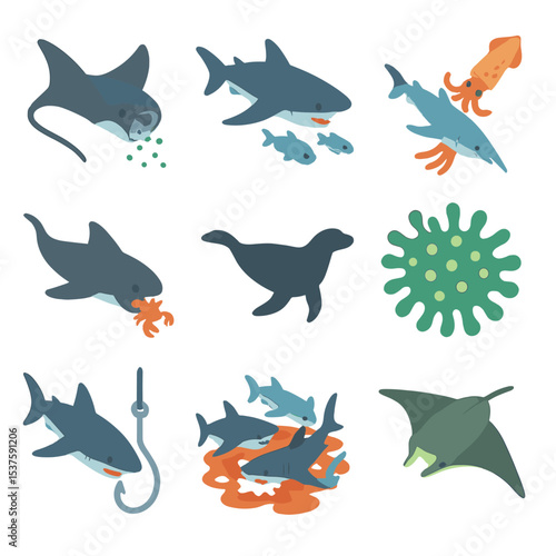 Aquatic Feeding Icons. Isometric Flat icon set of shark and ray feeding: plankton filter, fish prey, squid, crustacean, seal