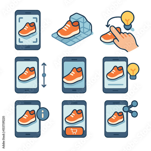 AR Product Icon Set. Isometric Flat icon set of AR product visualization: smartphone scanning, 3D model, rotate gesture, scale