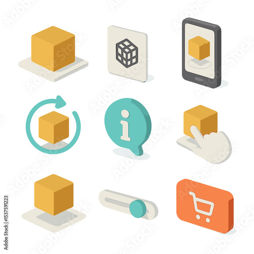 Isometric AR Icon Set. Isometric Flat icon set of AR product visualization: 3D product model, AR marker, smartphone screen,