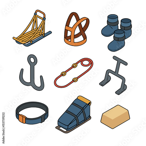 Arctic Sledding Equipment Icons. Isometric Flat icon set of arctic dog sledding equipment: sled, harness, booties, snow hook,