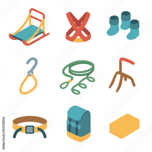 Arctic Sledding Equipment Icons. Isometric Flat icon set of arctic dog sledding equipment: sled, harness, booties, snow hook,