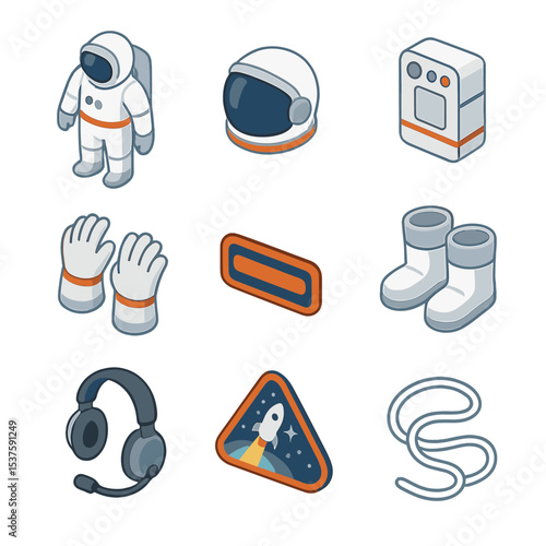 Astronaut Gear Icons. Isometric Flat icon set of astronaut gear and personal identity: spacesuit, helmet visor, life support