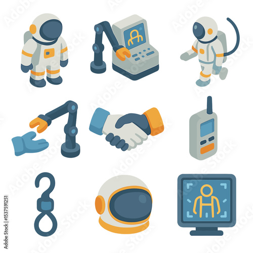 Astronaut-Robot Icon Collaboration. Isometric Flat icon set of astronaut and robot collaboration: astronaut EVA suit, robotic