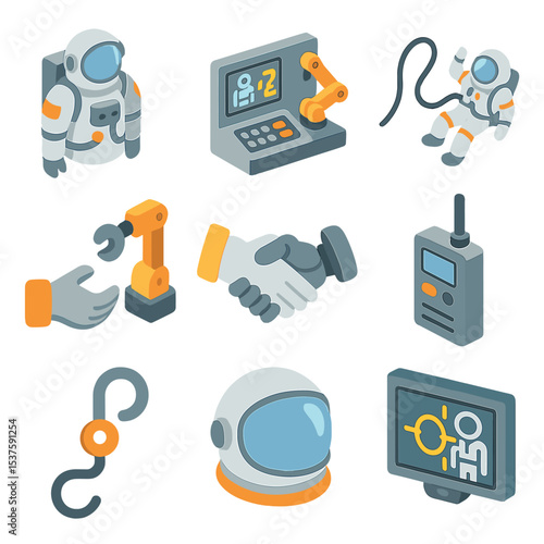 Astronaut-Robot Icon Collaboration. Isometric Flat icon set of astronaut and robot collaboration: astronaut EVA suit, robotic