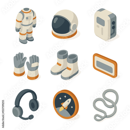 Astronaut Gear Icons. Isometric Flat icon set of astronaut gear and personal identity: spacesuit, helmet visor, life support