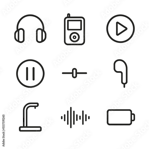 Audio Guide Icon Set. Outline icon set of audio guide tools: headphones, audio player, play button, pause button, volume slider,