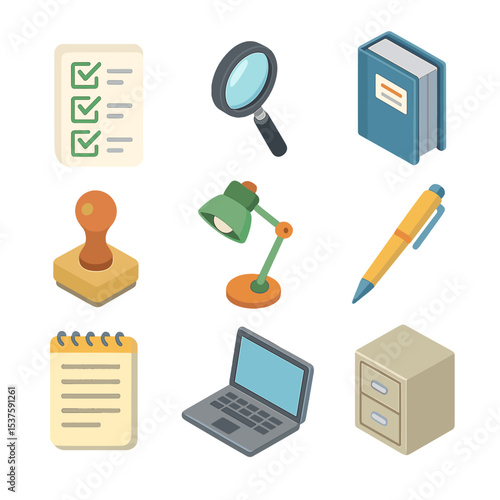 Auditing Tools Icon Set. Isometric Flat icon set of auditing workstation: audit checklist, magnifying glass, report binder,