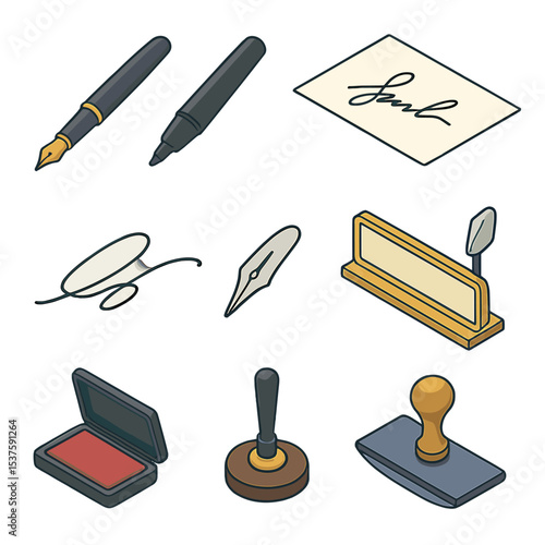 Author Signature Essentials. Isometric Flat icon set of author signing essentials: fountain pen, permanent marker, autograph paper