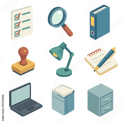 Auditing Tools Icon Set. Isometric Flat icon set of auditing workstation: audit checklist, magnifying glass, report binder,