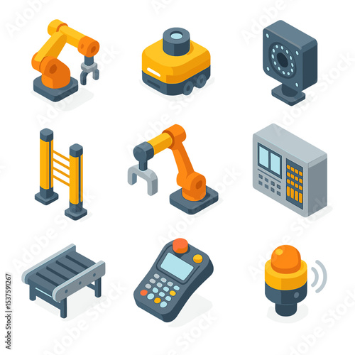 Automated Robotics Icons. Isometric Flat icon set of automated robotics systems: industrial robot arm, AGV vehicle, vision sensor,