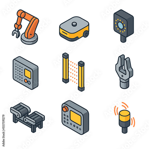 Automated Robotics Icons. Isometric Flat icon set of automated robotics systems: industrial robot arm, AGV vehicle, vision sensor,