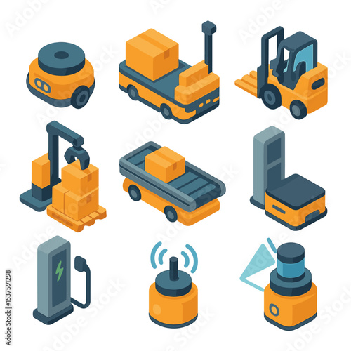 Autonomous Robot Icons. Isometric Flat icon set of autonomous mobile robots in manufacturing: AMR, AGV, robotic forklift,